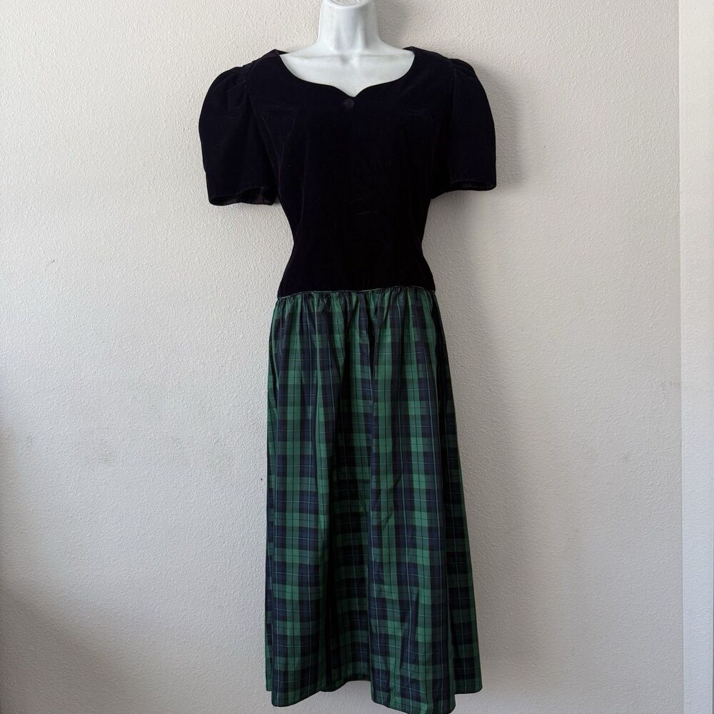Vtg 80s Rhapsody Velvet Black Watch Plaid Dress Size 12 Puff Sleeve Whimsigoth